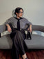 Tuta lunga a righe patchwork e mantello nero anni '40