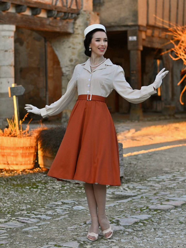 Abito color block con maniche lunghe cachi anni '50