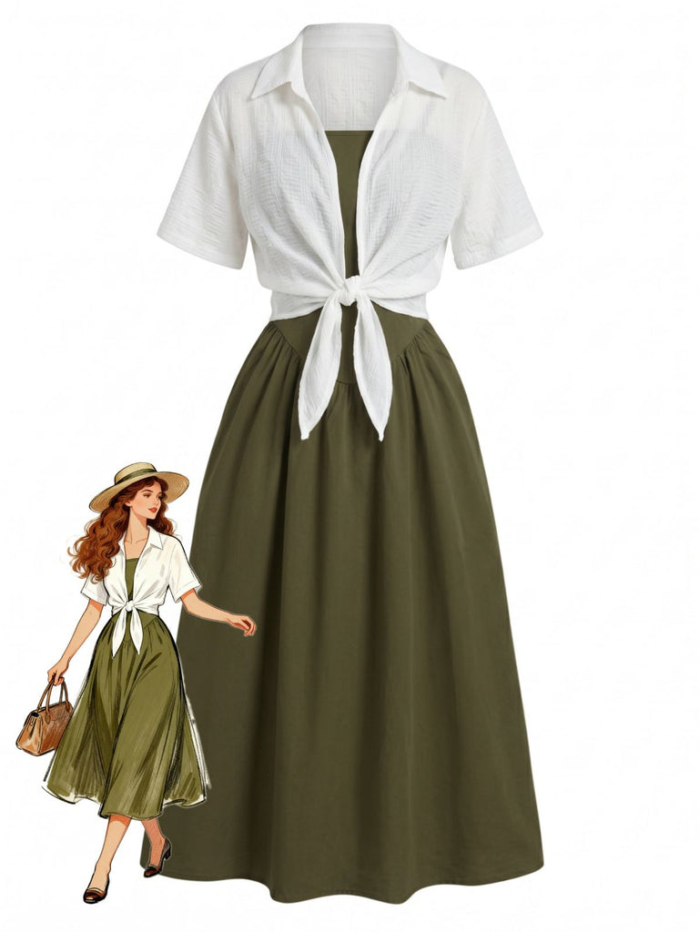 Completo 2 Pezzi Abito Midi Smock a Bretelle e Camicia Corta Anni '50