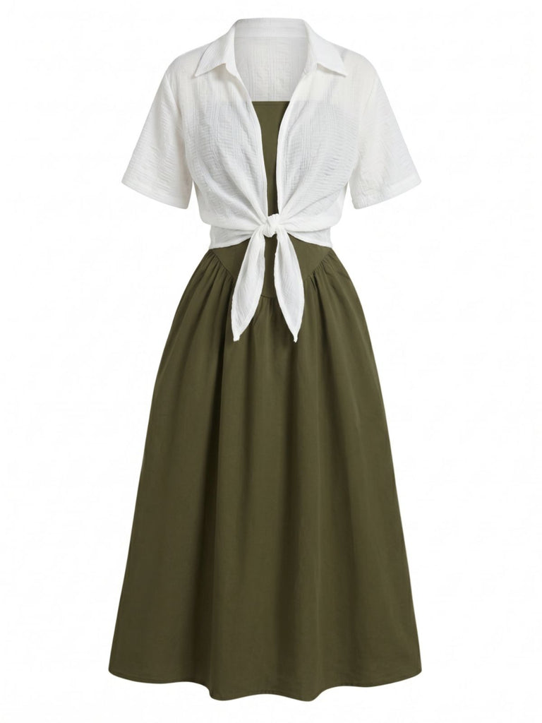 Completo 2 Pezzi Abito Midi Smock a Bretelle e Camicia Corta Anni '50