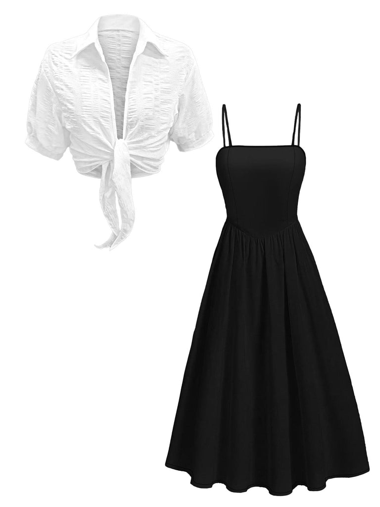 Completo 2 Pezzi Abito Midi Smock a Bretelle e Camicia Corta Anni '50