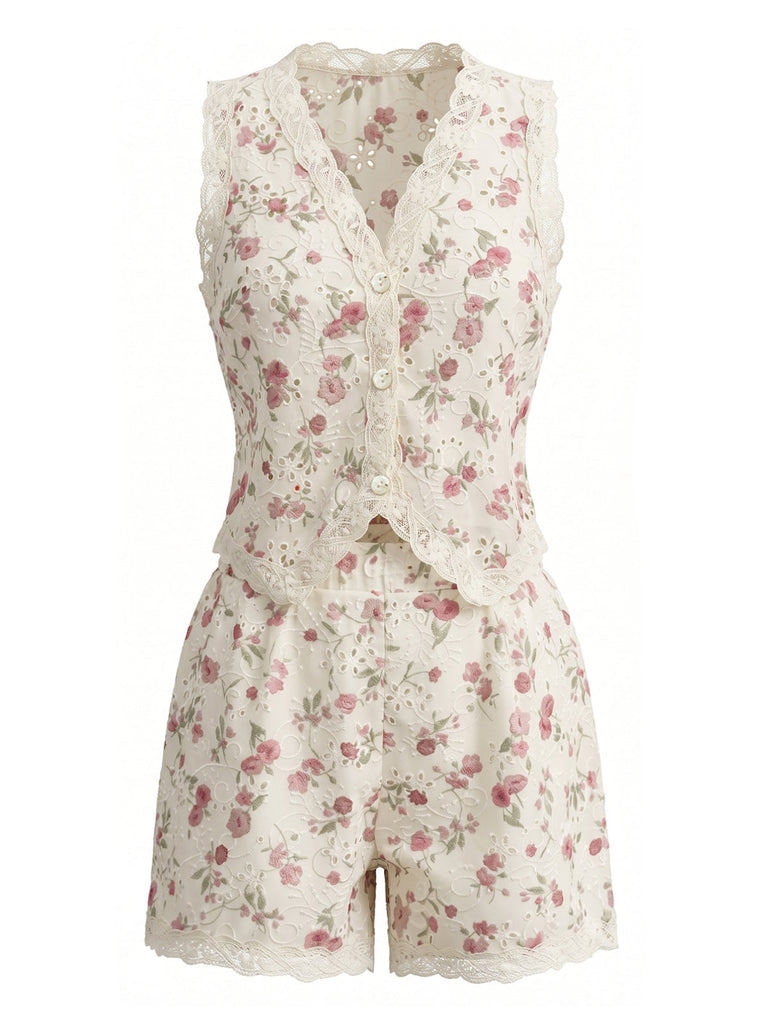 Completo 2 Pezzi Top Floreale Patchwork Pizzo e Shorts Beige Anni '40