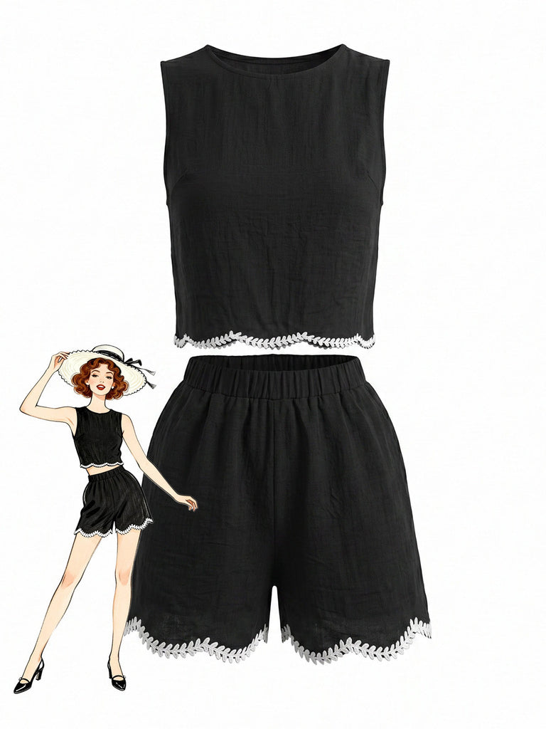 Completo 2 Pezzi Gilet Senza Maniche Crochet e Shorts Nero Anni '50