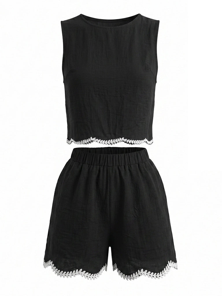 Completo 2 Pezzi Gilet Senza Maniche Crochet e Shorts Nero Anni '50