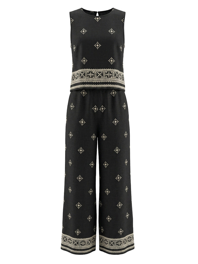 Completo 2 Pezzi Top Bohémien Collo Tondo e Pantaloni Nero Anni '70