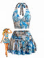 2PCS Top Blu Anni '70 con Arricciato e Stampa Marmo e Gonna