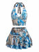 Set 2 Pezzi Top Halter Arricciato Stampa Marmo Blu con Gonna Anni '70 2