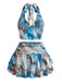 Set 2 Pezzi Top Halter Arricciato Stampa Marmo Blu con Gonna Anni '70 3