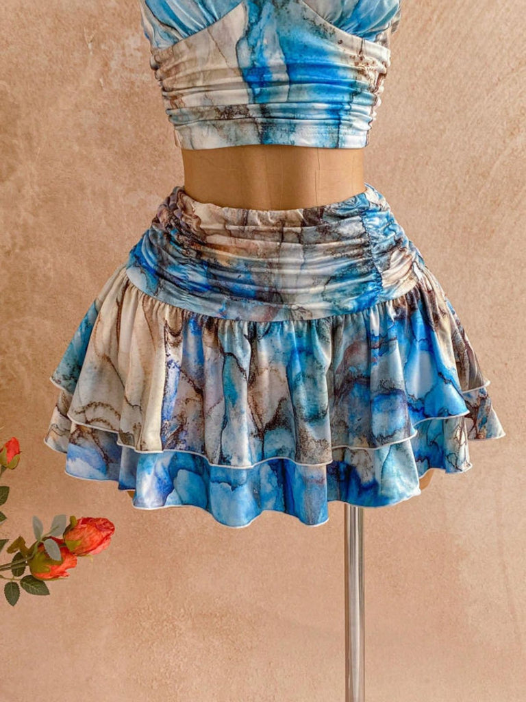 Set 2 Pezzi Top Halter Arricciato Stampa Marmo Blu con Gonna Anni '70 8