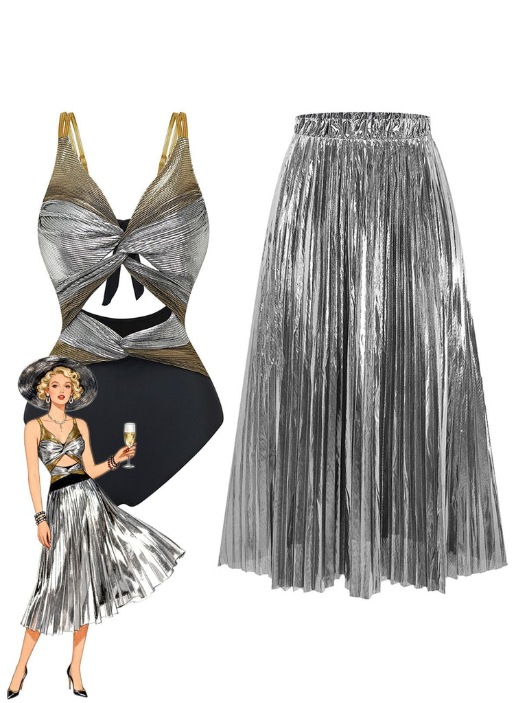 Top metallizzato argento e gonna plissettata con illustrazione vintage di una donna.