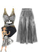 Top metallizzato argento e gonna plissettata con illustrazione vintage di una donna.