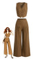 2PCS Gilet con Scollo a V e Pantaloni a Gamba Larga Marrone Anni '40