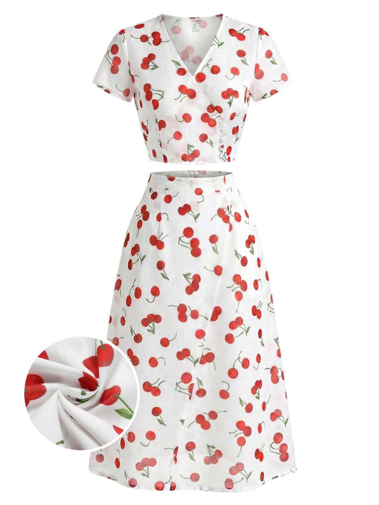 [Pre-Vendita] 2 Pezzi Crop Top a Collo V a Stampa Ciliegie con Gonna Rossa Anni '60 2