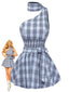 2PCS Top blu anni '60 a quadri monospalla e gonna