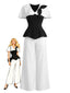 2PCS Top con collo a mantella e pantaloni bianco e nero anni '50