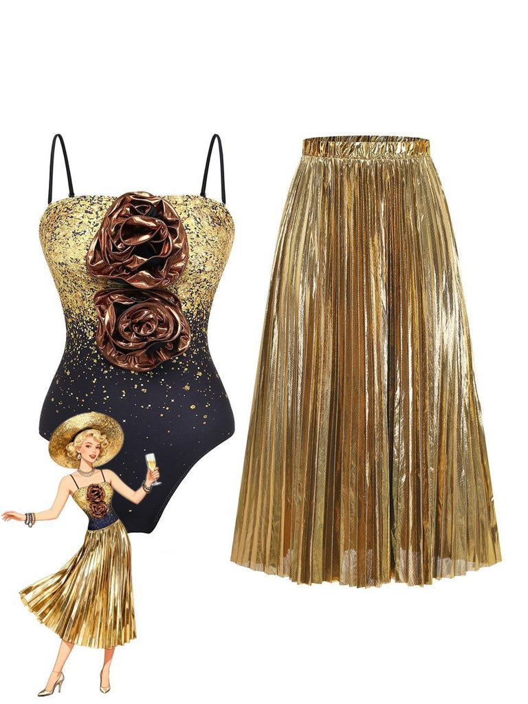 Gold sequin bodysuit with floral details and pleated gold skirt on a white background