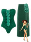2PCS Costumei e copricostume verde anni '80 floreale 3D senza spalline