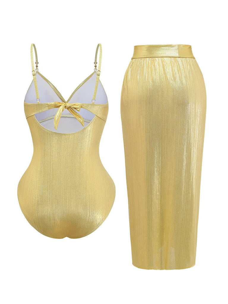 Costumi intero arricciato e copricostume oro anni '80