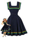 Abito a righe ondulate con scollo quadrato blu navy anni '50
