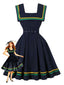 Abito a righe ondulate con scollo quadrato blu navy anni '50