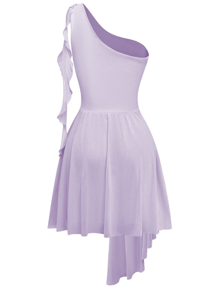 Abito asimmetrico con volant e monospalla in rete viola anni '70