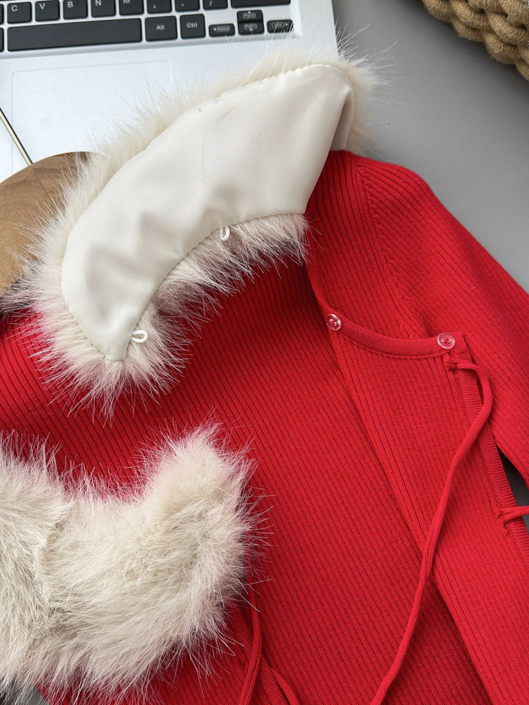 Cardigan in maglia con collo di pelliccia staccabile rosso anni '80