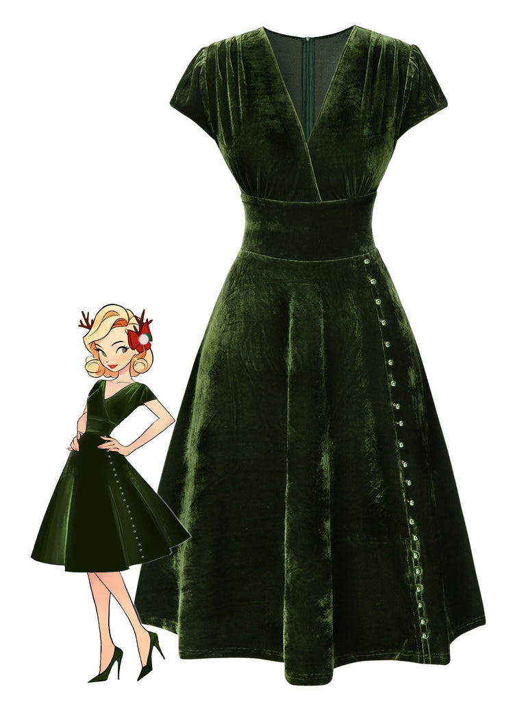 Abito in velluto perla scollo a V profondo blu anni '40