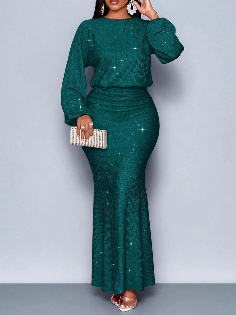 Abito a sirena in maglia glitter con maniche a lanterna anni '30