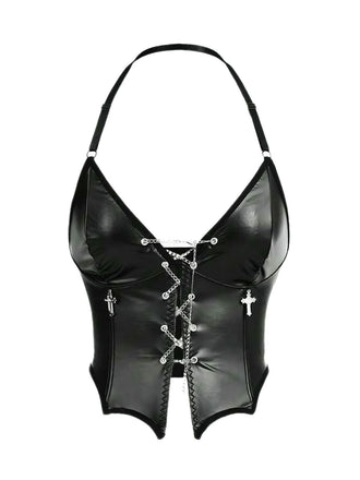 Corsetto gotico con coulisse e catena a croce nero anni '80