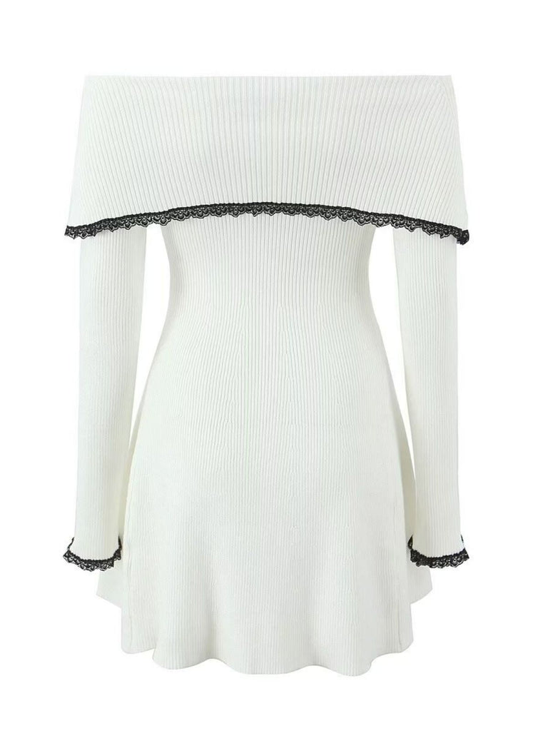 Abito in pizzo a maglia con spalle scoperte bianco anni '70