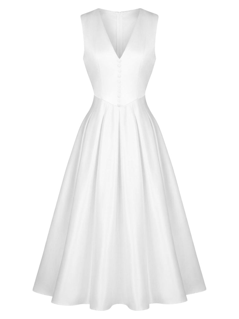 Abito senza maniche con scollo a V e bottoni bianco anni '50