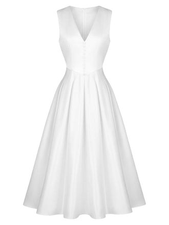 Abito senza maniche con scollo a V e bottoni bianco anni '50