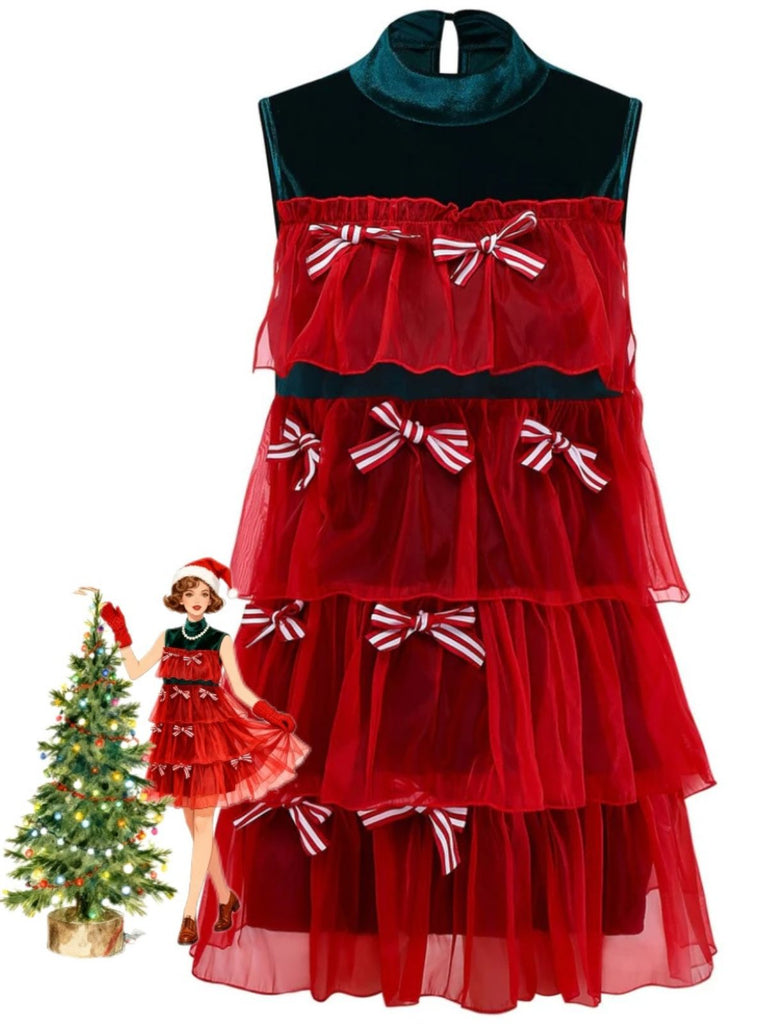 Abito con fiocco in rete e albero di Natale rosso anni '60