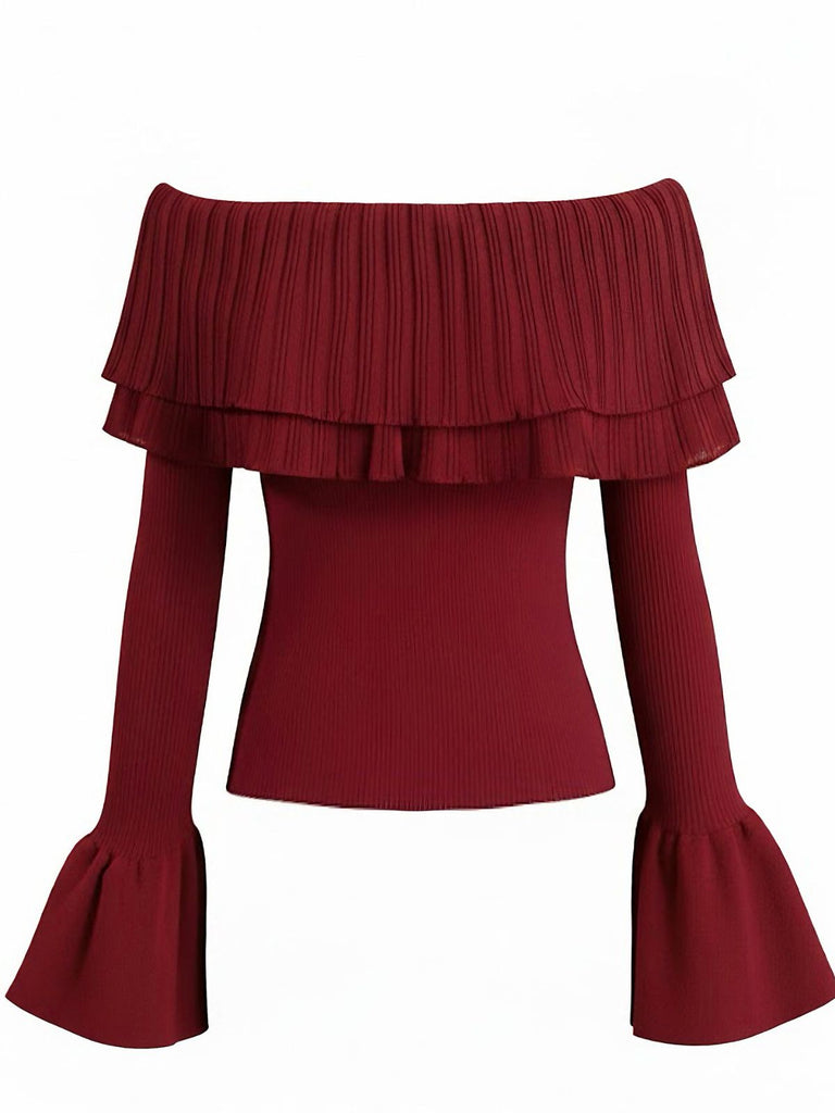 Top a maglia con maniche svasate e spalle scoperte bordeaux anni '60