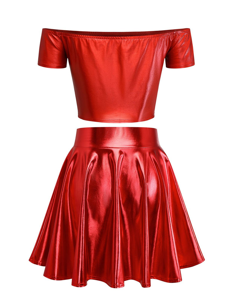 2PCS Top disco metallizzato con spalle scoperte e gonna anni '70