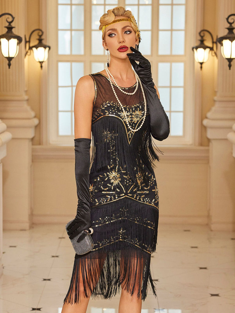 Abito flapper con nappe e perline e paillettes anni '20