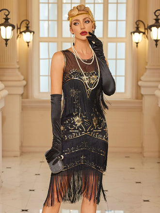 Abito flapper con nappe e perline e paillettes anni '20