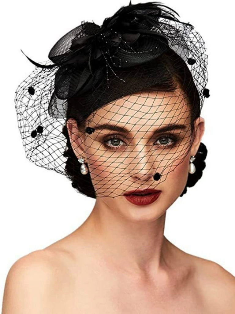 Accessori per capelli con fiocco di piume in rete vintage
