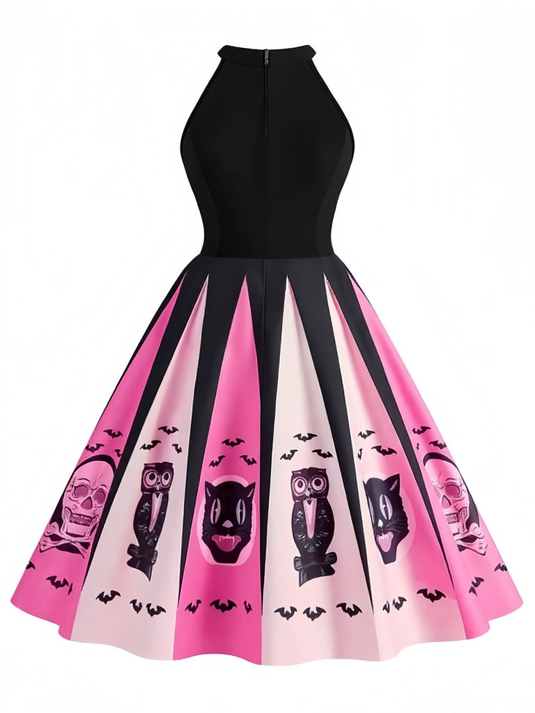 Abito a ruota con stampa spettrale Halloween nero anni '50