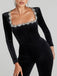 Tuta lunga in velluto con scollo quadrato e diamanti nero anni '60