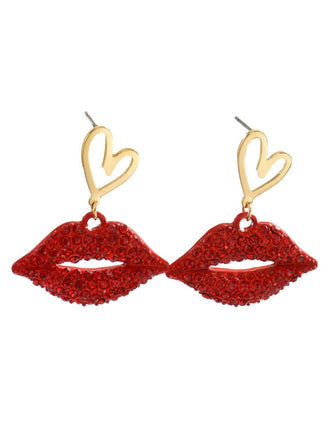 Orecchini pendenti a forma di labbra con cuore e strassrosso