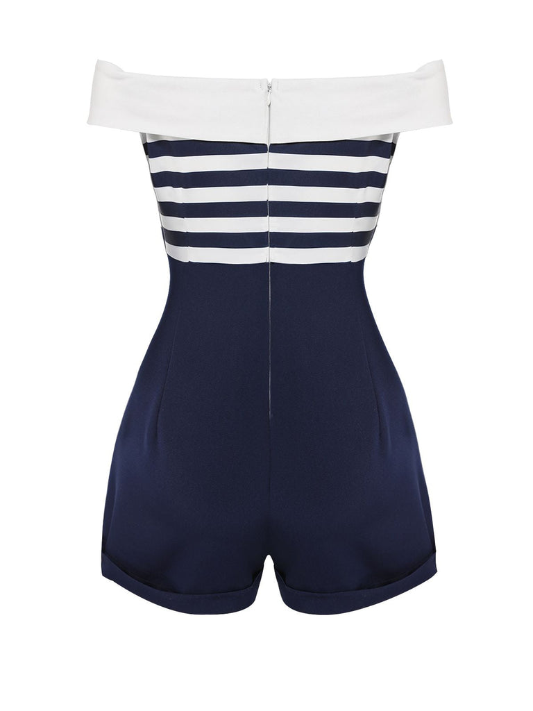 Tuta corta a righe spalle scoperte patchwork blu navy anni '50