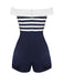 Tuta corta a righe spalle scoperte patchwork blu navy anni '50