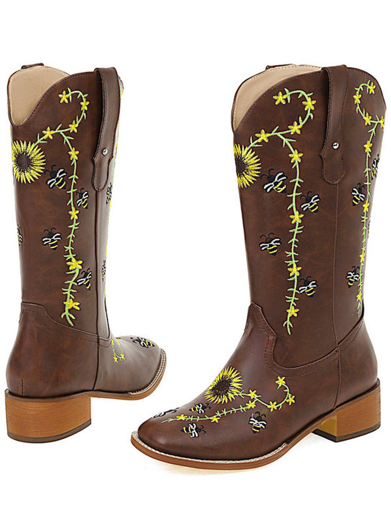 Stivali da cowgirl western ricamati con girasoli marroni a metà polpaccio