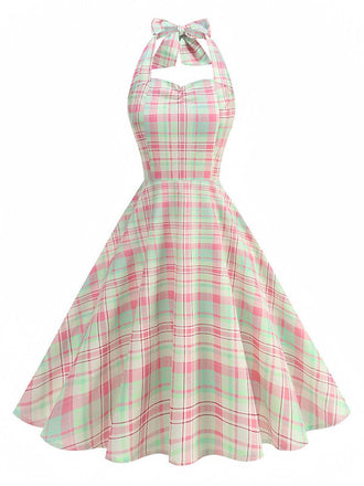 Abito a quadri con scollo all'americana e schiena scoperta rosa anni '50