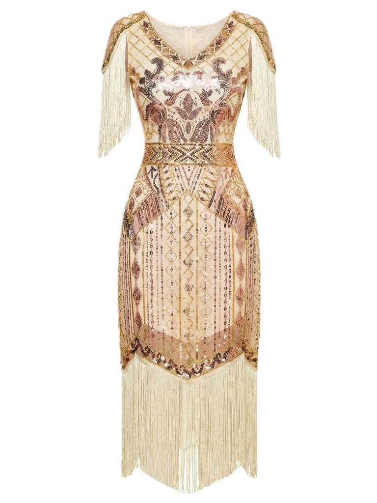 Abito flapper con frange di paillettes e scollo a V anni '20