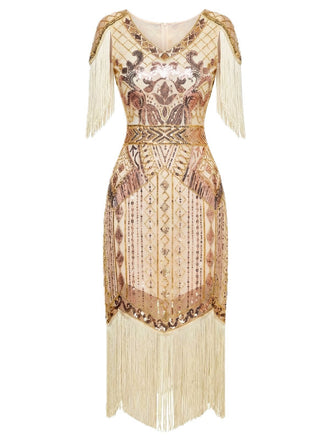 Abito flapper con frange di paillettes e scollo a V anni '20