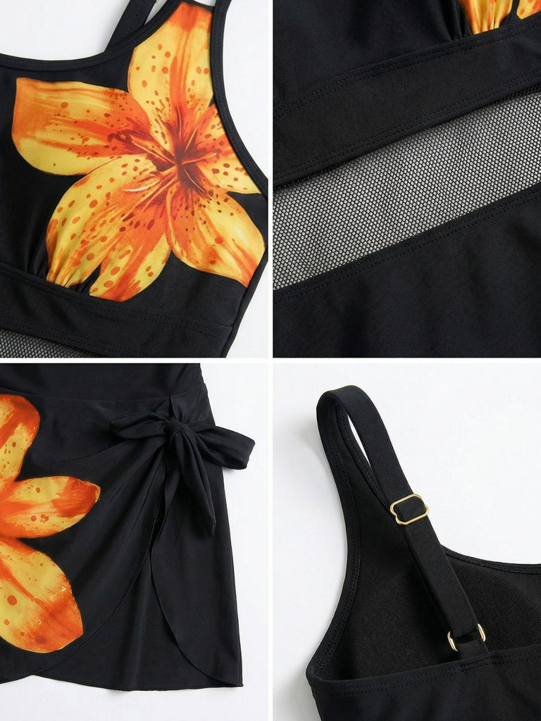 [Prevendita] Costumi con Gonna Anni '40 Floreale Scollo Tondo Nodo e Rete