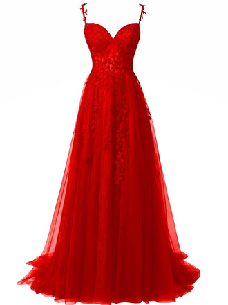 Abito lungo in tulle di pizzo con spalline sottili rosso anni '30