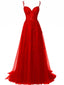 Abito lungo in tulle di pizzo con spalline sottili rosso anni '30